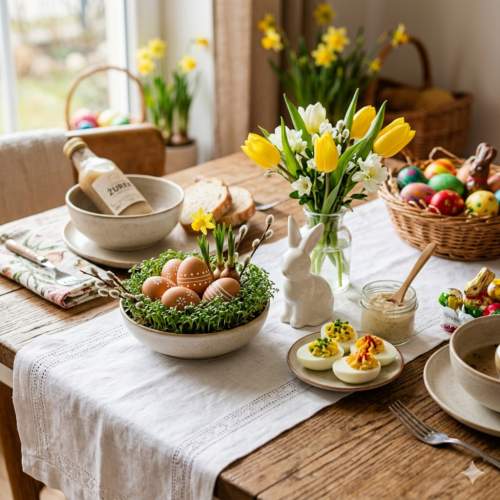 Wielkanocny stół z dekoracjami: rzeżucha z jajkami, faszerowane jajka, tulipany, żonkile oraz koszyk z pisankami i figurką zajączka