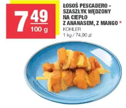 Łosoś pescadero - szaszłyk wędzony na ciepło z ananasem, z mango